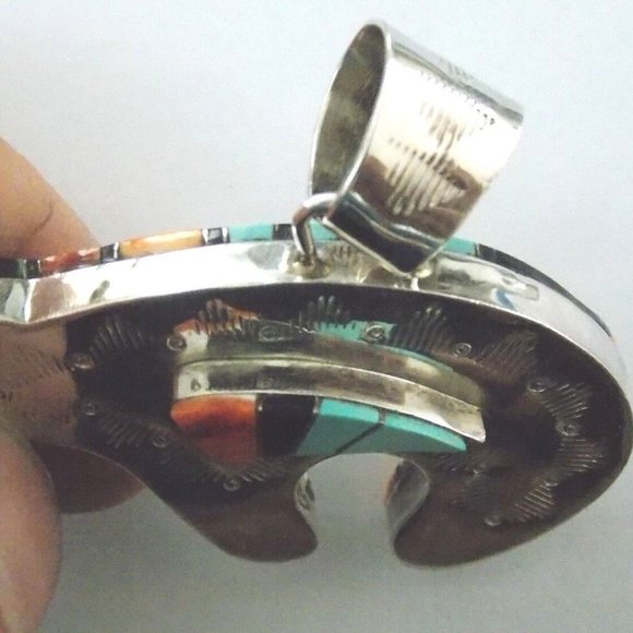 LARGE Navajo Handmade Sterling Silver Multicolor Inlay Bear Pendant 31g - Picture 7 of 7